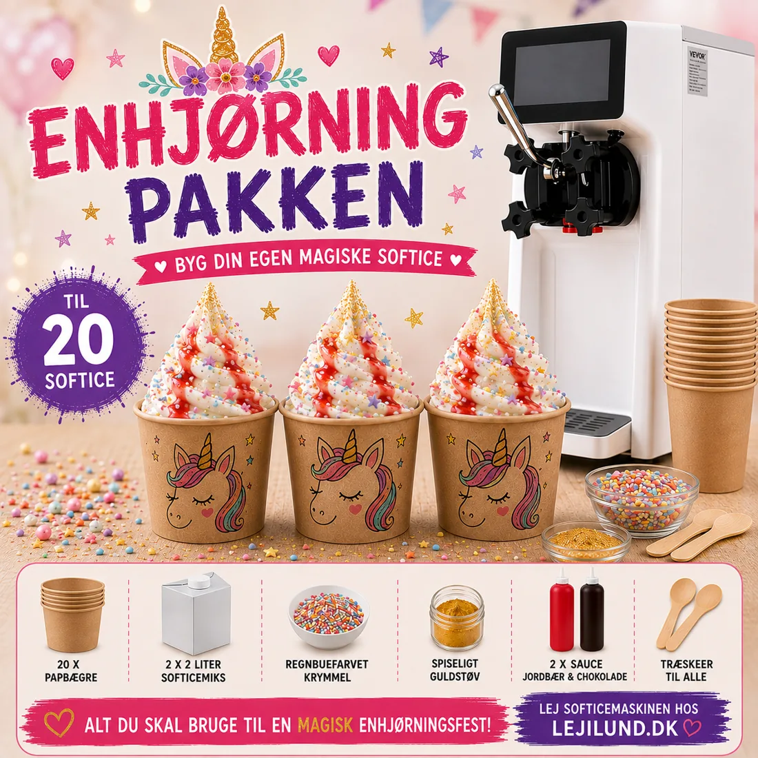 Enhjørningpakken – softice med regnbuekrymmel, guldstøv og papbægre klar til enhjørningtegninger, til leje hos Lejilund i Horsens