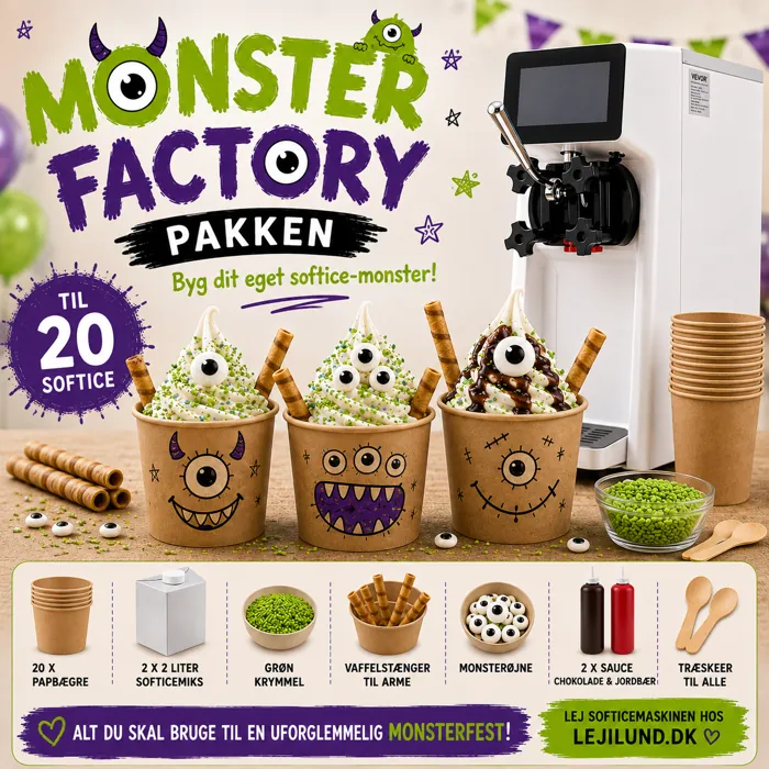 Monster Factory pakken – temapakke med grøn krymmel og monsterøjne til softicemaskine leje